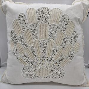 Coastal Collection Ivory Beaded SHELL Pillow NEW! Fringe Trim Oceanside Nautical